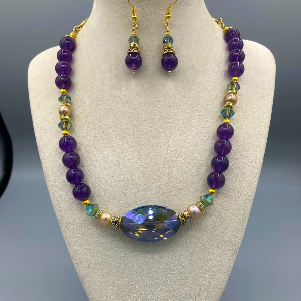 Genuine Amethyst, Champagne Pearl & Faceted Crystal Necklace Set